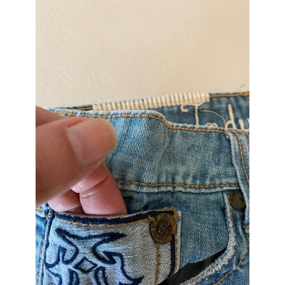 Industrial Cotton Distressed Denim Mini Skirt Embroidered Detail Frayed Hem Sz 5 - Picture 6 of 10